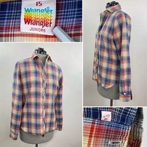Vintage Wranglers Plaid Button Down 70s/80s Small Red Blue Ivory Americana